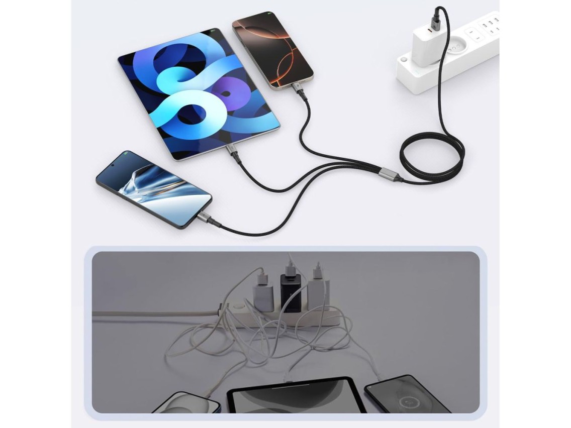 Cabo Tech-Protect UltraBoost DNA 3 em 1 USB-C / Micro-USB / Lightning de 120 cm - cinza