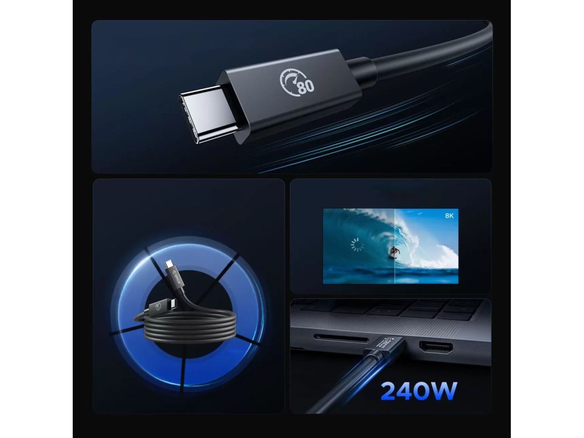 Cabo Orico USB4 Thunderbolt5 80Gbps 240W USB-C para USB-C 1m - Preto