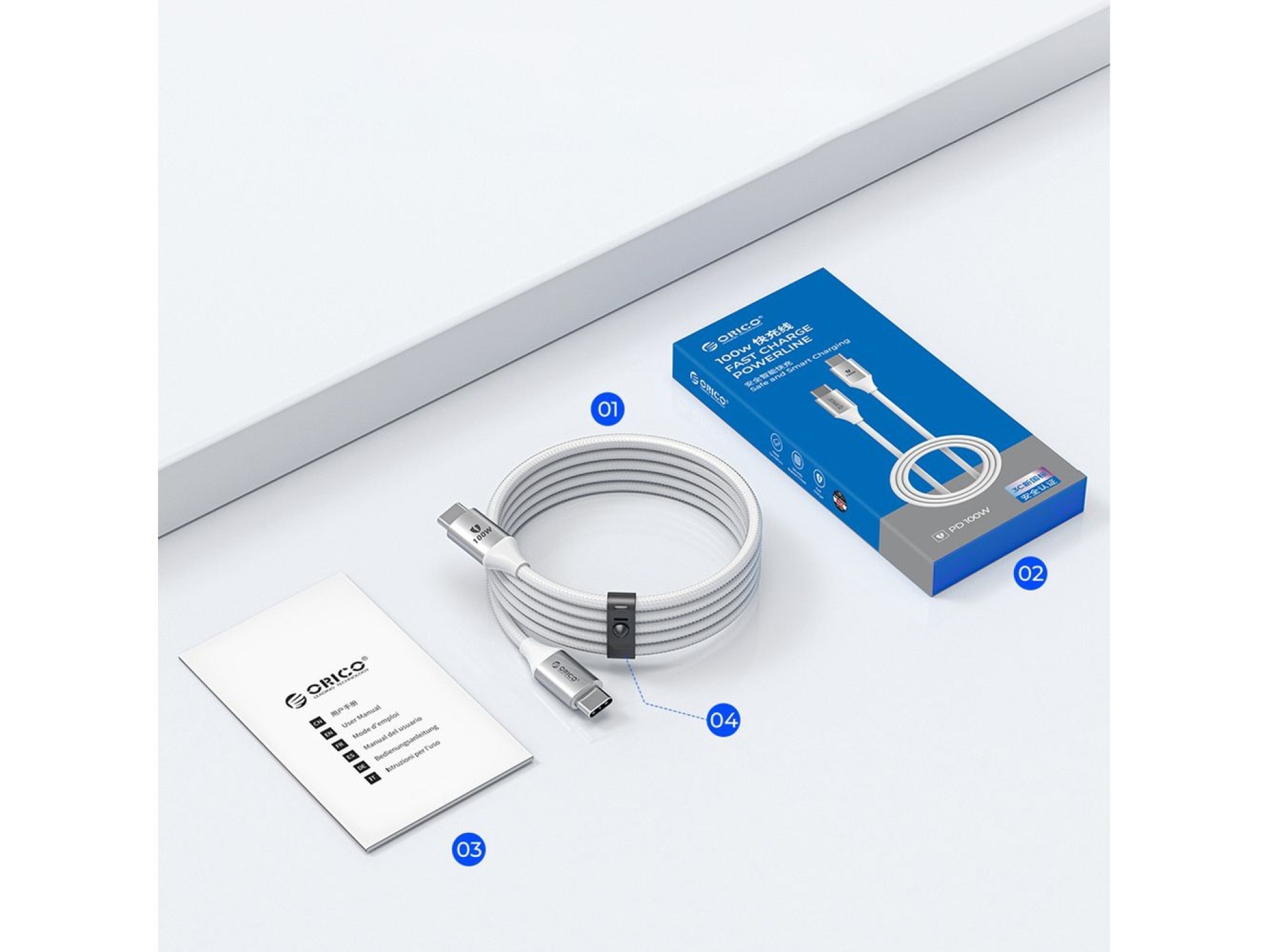 Orico CDX 100W 5A Power Delivery USB-C - Cabo USB-C de 1m - Branco