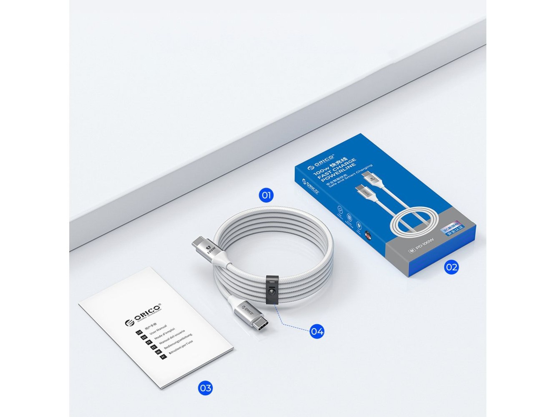 Orico CDX 60W 3A Power Delivery USB-C - Cable USB-C de 1 m - Blanco