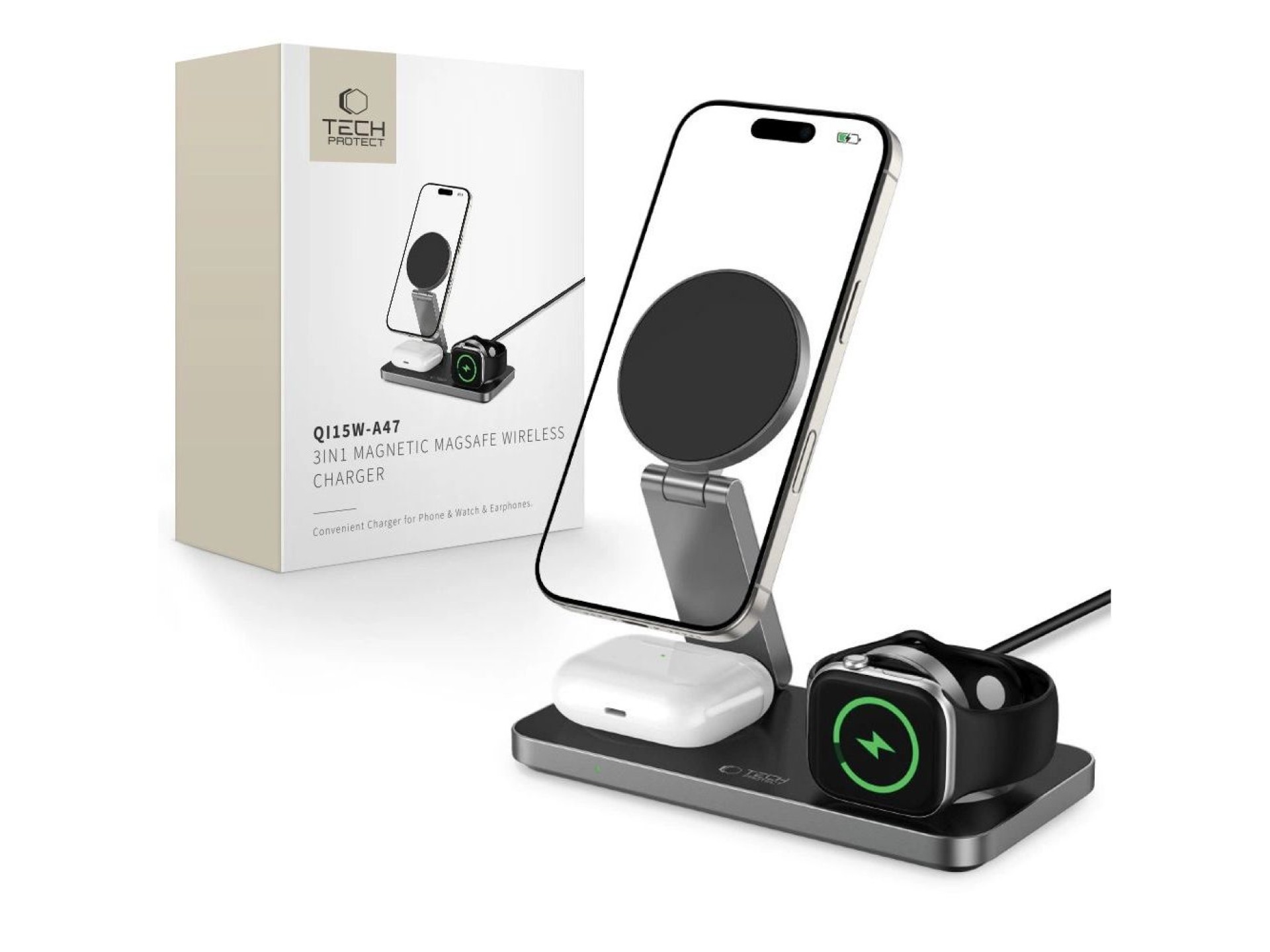 Carregador indutivo Tech-Protect QI15W-A47 MagSafe 3 em 1 + Cabo USB-C - Preto