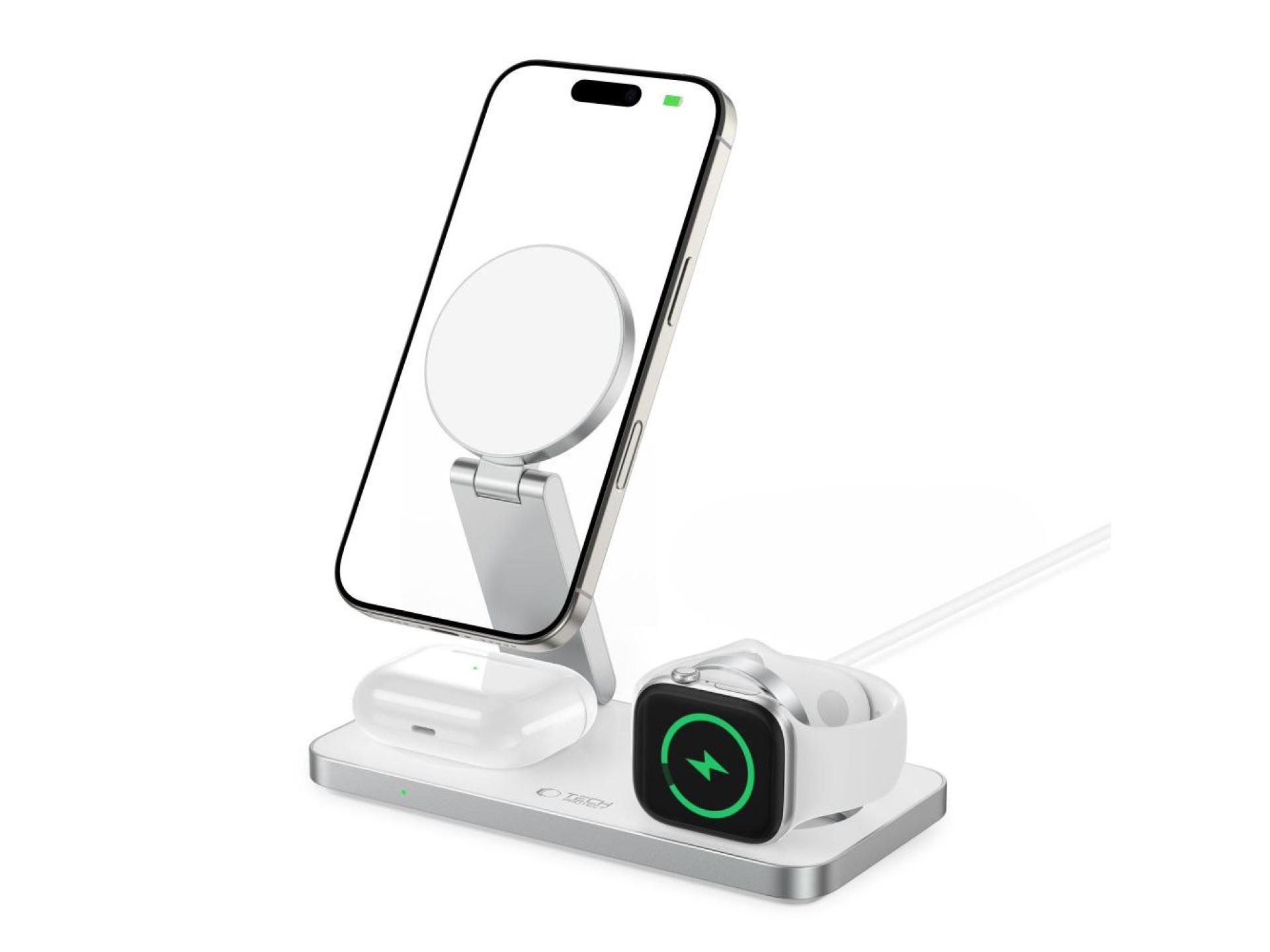 Carregador indutivo Tech-Protect QI15W-A47 MagSafe 3 em 1 + Cabo USB-C - Branco