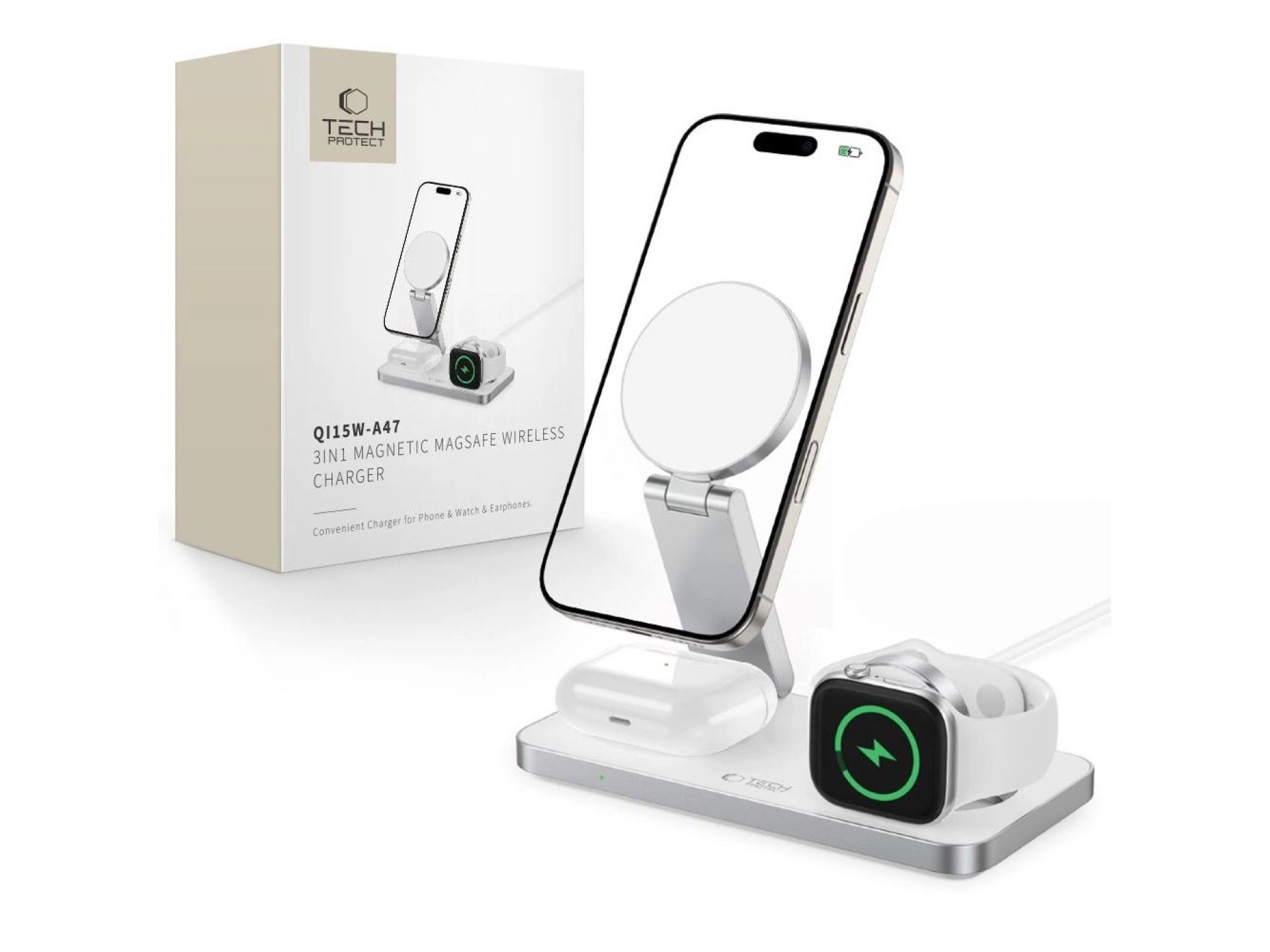 Carregador indutivo Tech-Protect QI15W-A47 MagSafe 3 em 1 + Cabo USB-C - Branco