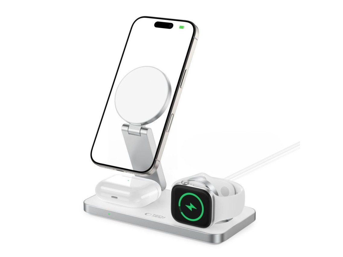 Carregador indutivo Tech-Protect QI15W-A47 MagSafe 3 em 1 + Cabo USB-C - Branco