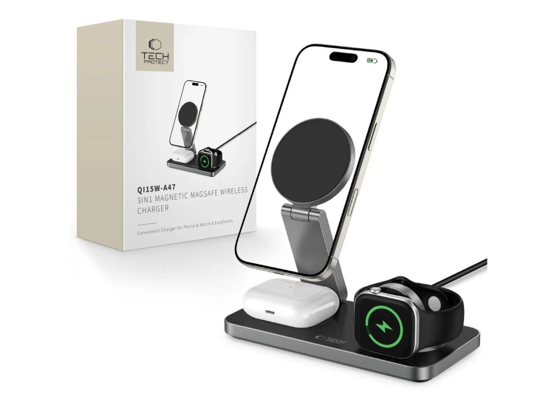 Carregador indutivo Tech-Protect QI15W-A47 MagSafe 3 em 1 + Cabo USB-C - Preto