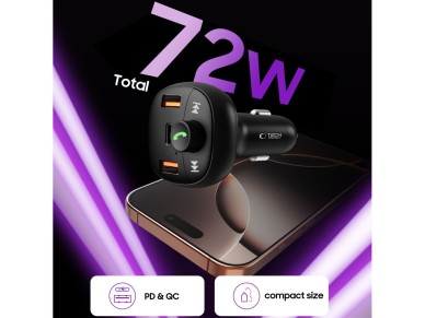 Cargador de coche Tech-Protect CC06 de 3 puertos PD72W con transmisor - negro