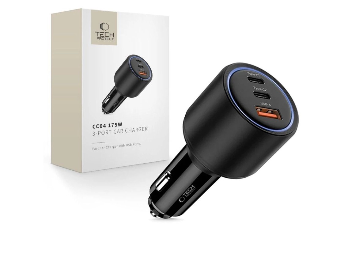 Carregador veicular CC04 de 3 portas PD175W - preto