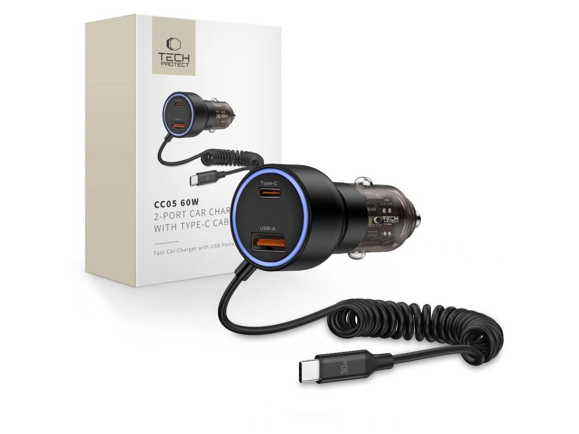 Cargador de coche CC05 de 2 puertos PD60 W + cable USB-C - Negro