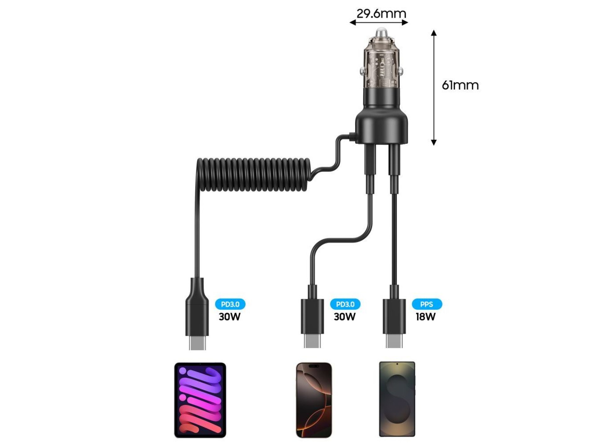 Cargador de coche CC05 de 2 puertos PD60 W + cable USB-C - Negro