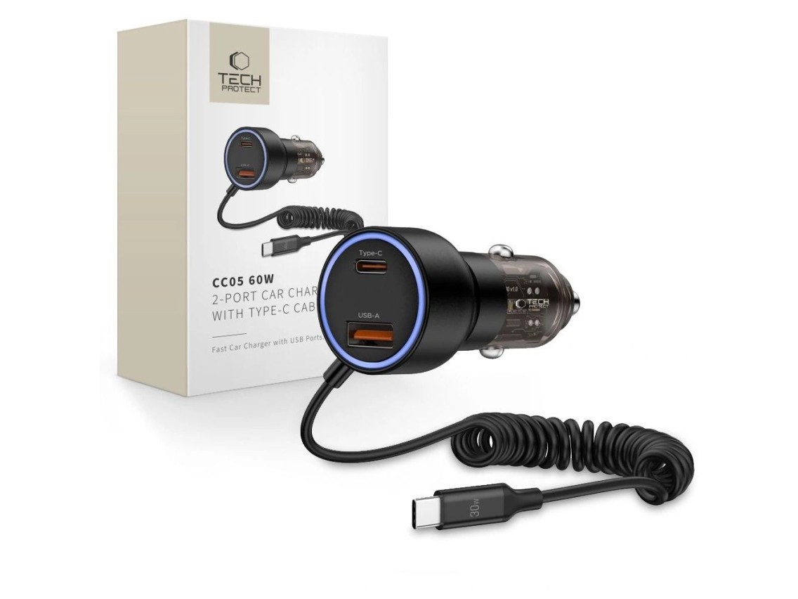 Cargador de coche CC05 de 2 puertos PD60 W + cable USB-C - Negro