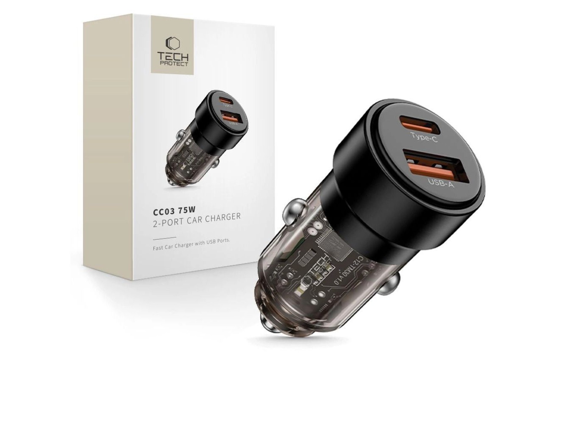 Carregador veicular CC03 de 2 portas PD75W - preto