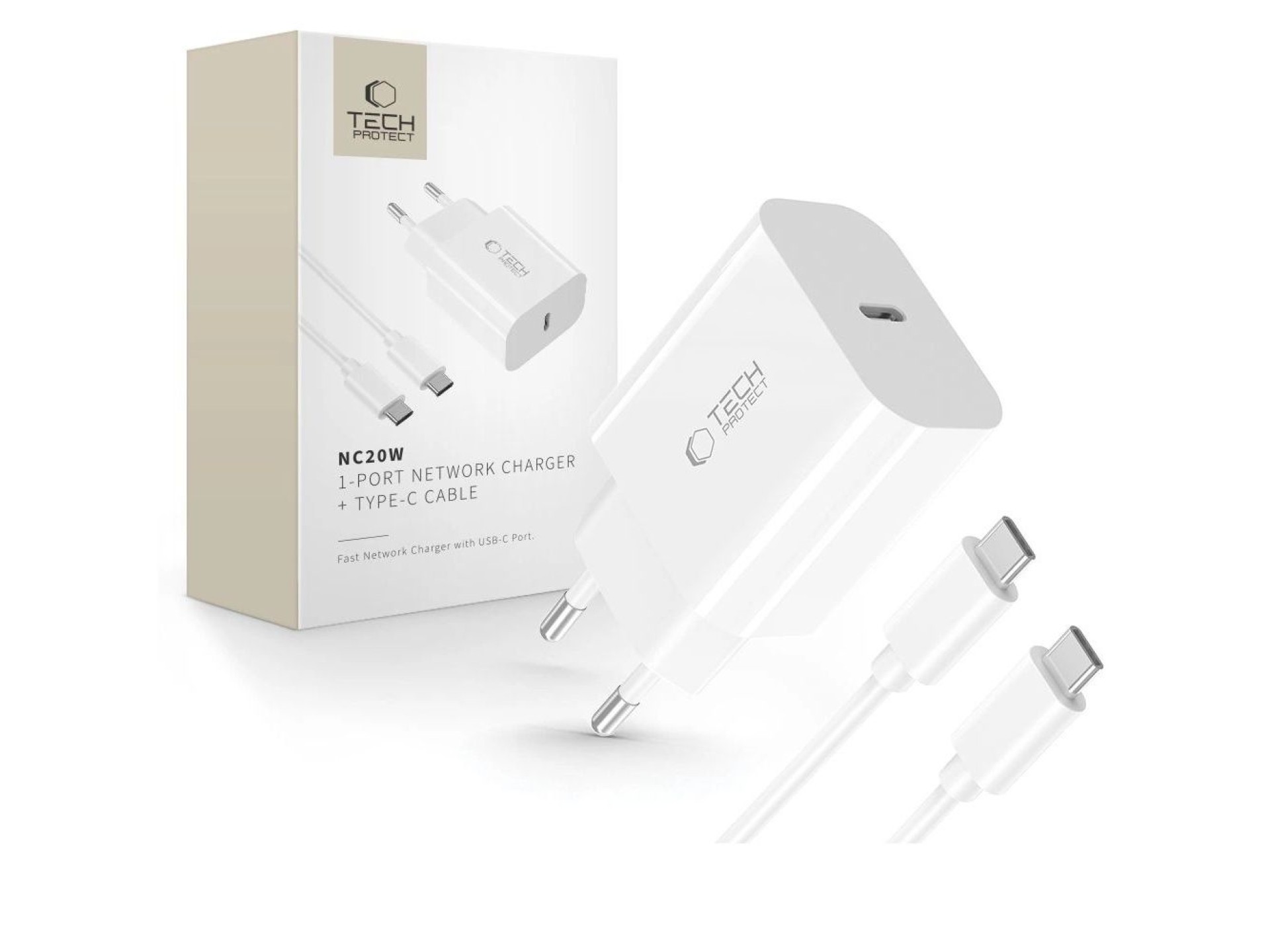 Tech-Protect NC20W PD20W USB-C wall charger with USB-C cable - white