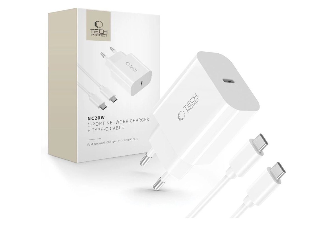 Tech-Protect NC20W PD20W USB-C wall charger with USB-C cable - white
