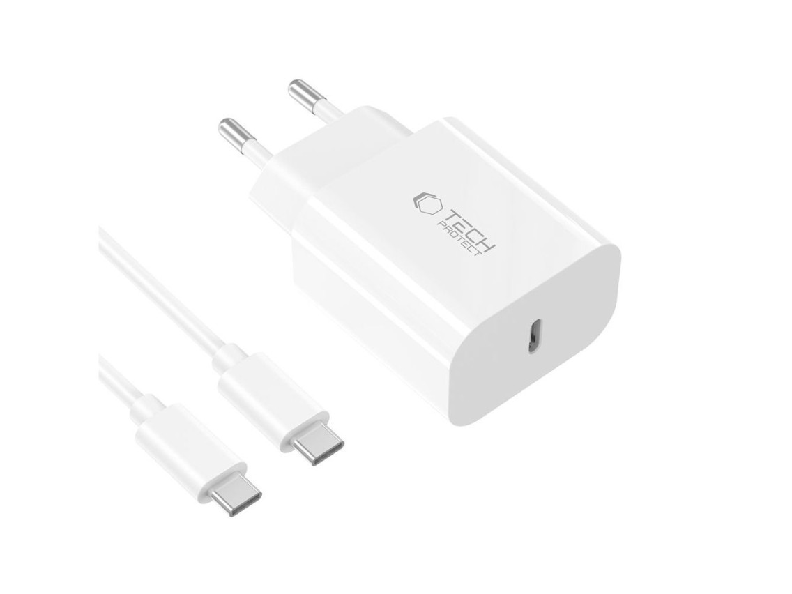 Tech-Protect NC20W PD20W USB-C wall charger with USB-C cable - white