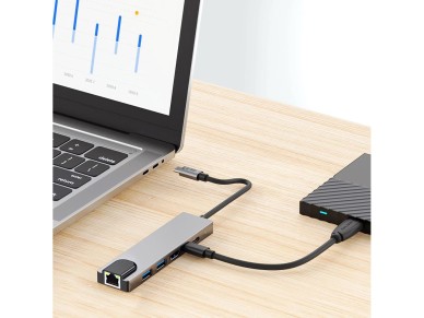 Tech-Protect HB02 HUB Adapter 6in1 USB-C + USB2.0 + USB3.0 + HDMI 4K 30Hz + RJ45 + PD100W - gray