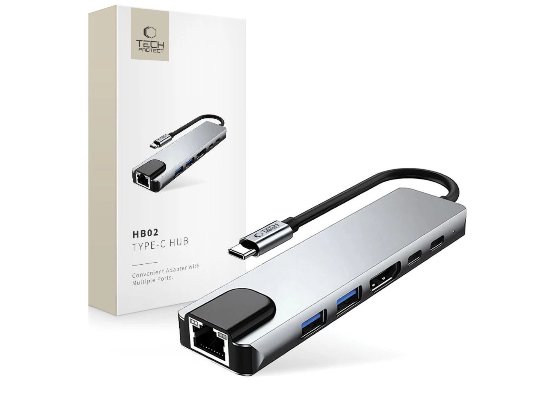 Adaptador HUB Tech-Protect HB02 6 em 1 USB-C + USB 2.0 + USB 3.0 + HDMI 4K 30Hz + RJ45 + PD100W - ci