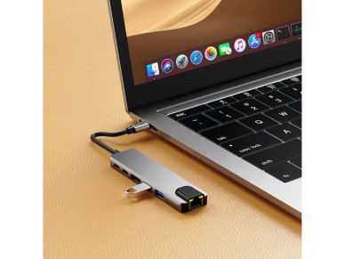 Tech-Protect HB02 HUB Adapter 6in1 USB-C + USB2.0 + USB3.0 + HDMI 4K 30Hz + RJ45 + PD100W - gray