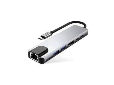Tech-Protect HB02 HUB Adapter 6in1 USB-C + USB2.0 + USB3.0 + HDMI 4K 30Hz + RJ45 + PD100W - gray