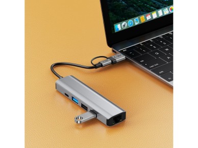 Adaptador HUB Tech-Protect HB03 5 en 1 USB-C + USB 2.0 + USB 3.0 + RJ45 - gris