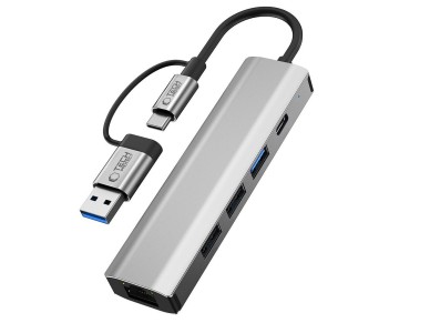 Adaptador HUB Tech-Protect HB03 5 en 1 USB-C + USB 2.0 + USB 3.0 + RJ45 - gris