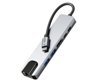 Tech-Protect HB02 HUB Adapter 6in1 USB-C + USB2.0 + USB3.0 + HDMI 4K 30Hz + RJ45 + PD100W - gray