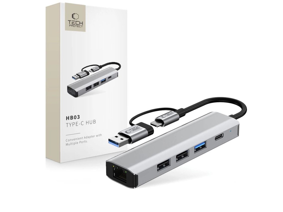 Tech-Protect HB03 HUB Adapter 5in1 USB-C + USB2.0 + USB3.0 + RJ45 - gray
