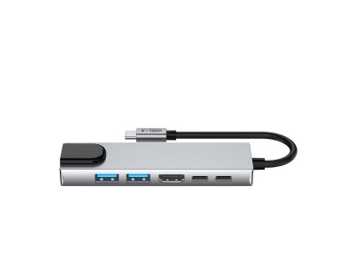 Tech-Protect HB02 HUB Adapter 6in1 USB-C + USB2.0 + USB3.0 + HDMI 4K 30Hz + RJ45 + PD100W - gray