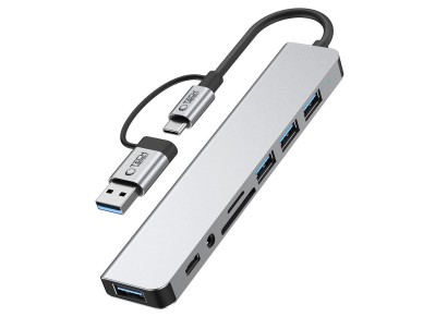 Adaptador HUB Tech-Protect HB06 8 en 1 TYPE-C + USB 2.0 + USB 3.0 + SD/TF + AV3.5 - gris