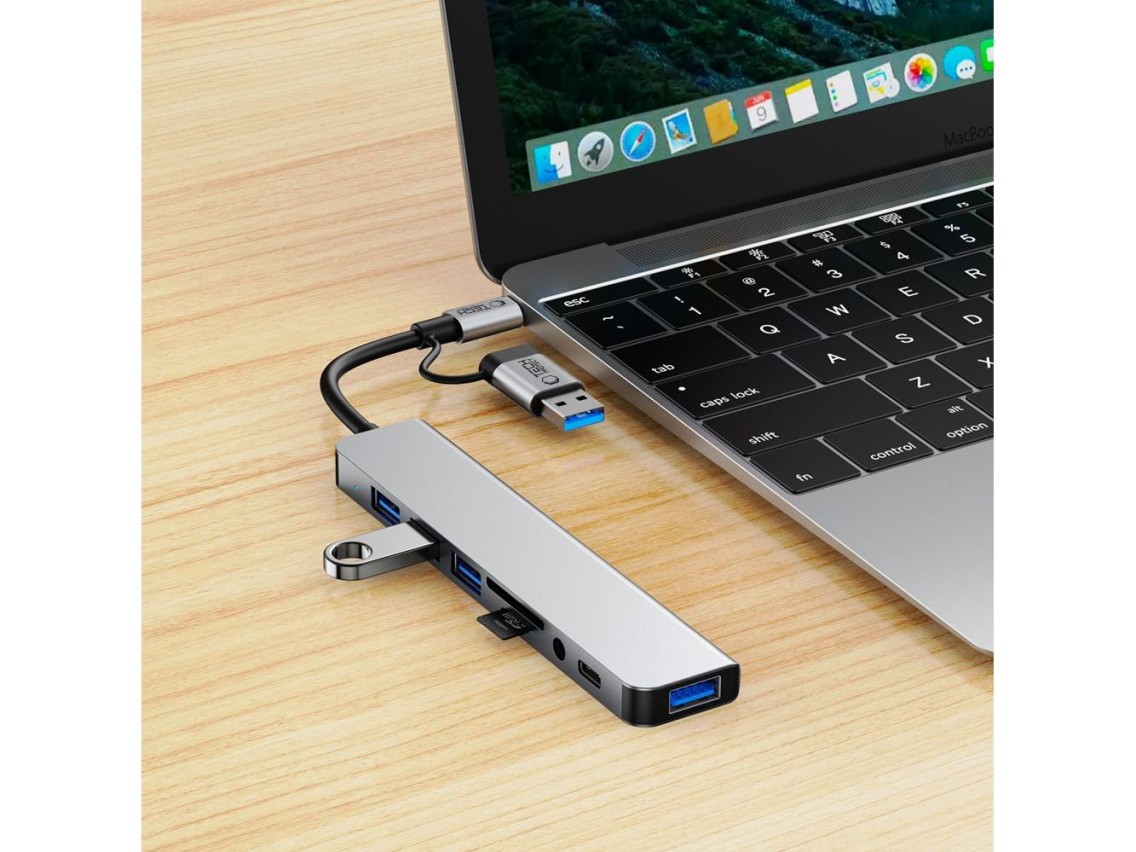 Tech-Protect HB06 HUB Adapter 8in1 TYPE-C + USB2.0 + USB3.0 + SD/TF + AV3.5 - gray