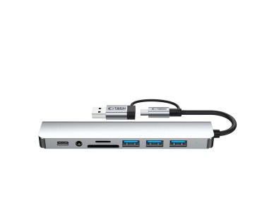 Adaptador HUB Tech-Protect HB06 8 en 1 TYPE-C + USB 2.0 + USB 3.0 + SD/TF + AV3.5 - gris
