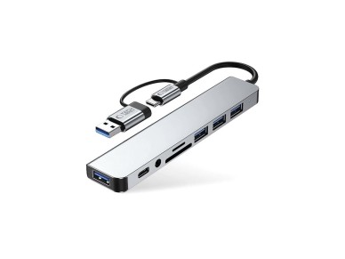 Adaptador HUB Tech-Protect HB06 8 en 1 TYPE-C + USB 2.0 + USB 3.0 + SD/TF + AV3.5 - gris
