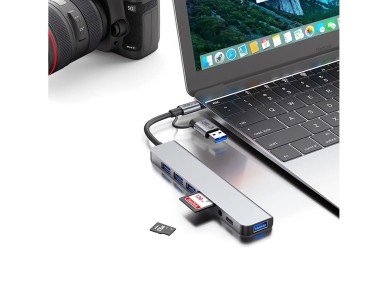 Adaptador HUB Tech-Protect HB06 8 en 1 TYPE-C + USB 2.0 + USB 3.0 + SD/TF + AV3.5 - gris
