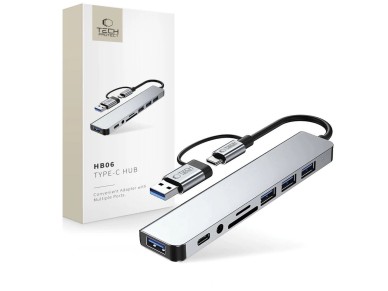 Adaptador HUB Tech-Protect HB06 8 en 1 TYPE-C + USB 2.0 + USB 3.0 + SD/TF + AV3.5 - gris