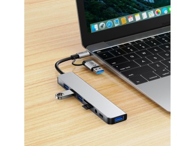 Adaptador HUB Tech-Protect HB06 8 en 1 TYPE-C + USB 2.0 + USB 3.0 + SD/TF + AV3.5 - gris