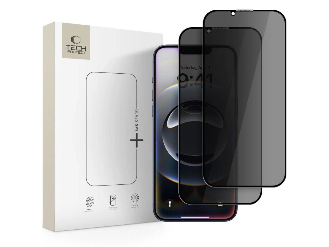 Protector de pantalla Tech-Protect Anti Spy Glass Pro+ (paquete de 2) para iPhone 17e / 16e / 14 / 1
