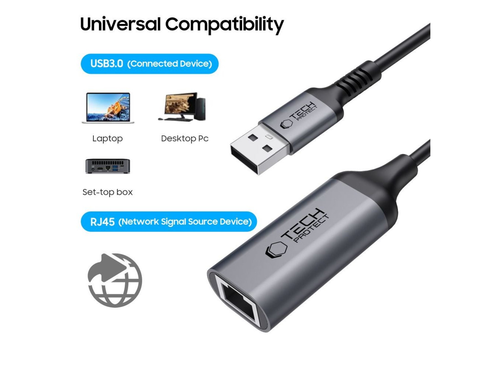 Adaptador Tech-Protect UltraBoost USB-A 3.0 / Ethernet RJ45 1000Mbps - Preto