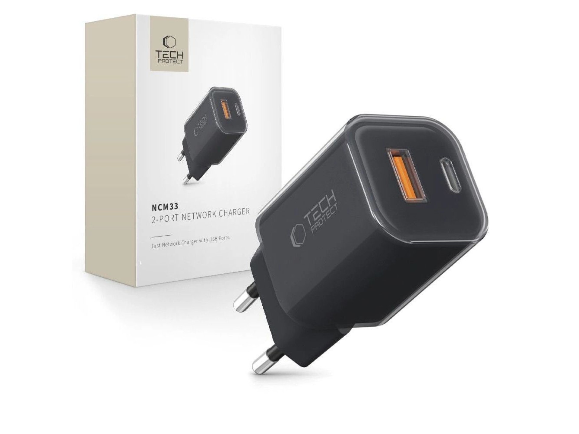 Carregador de parede Tech-Protect NCM33W de 2 portas PD33W/QC3.0 - preto