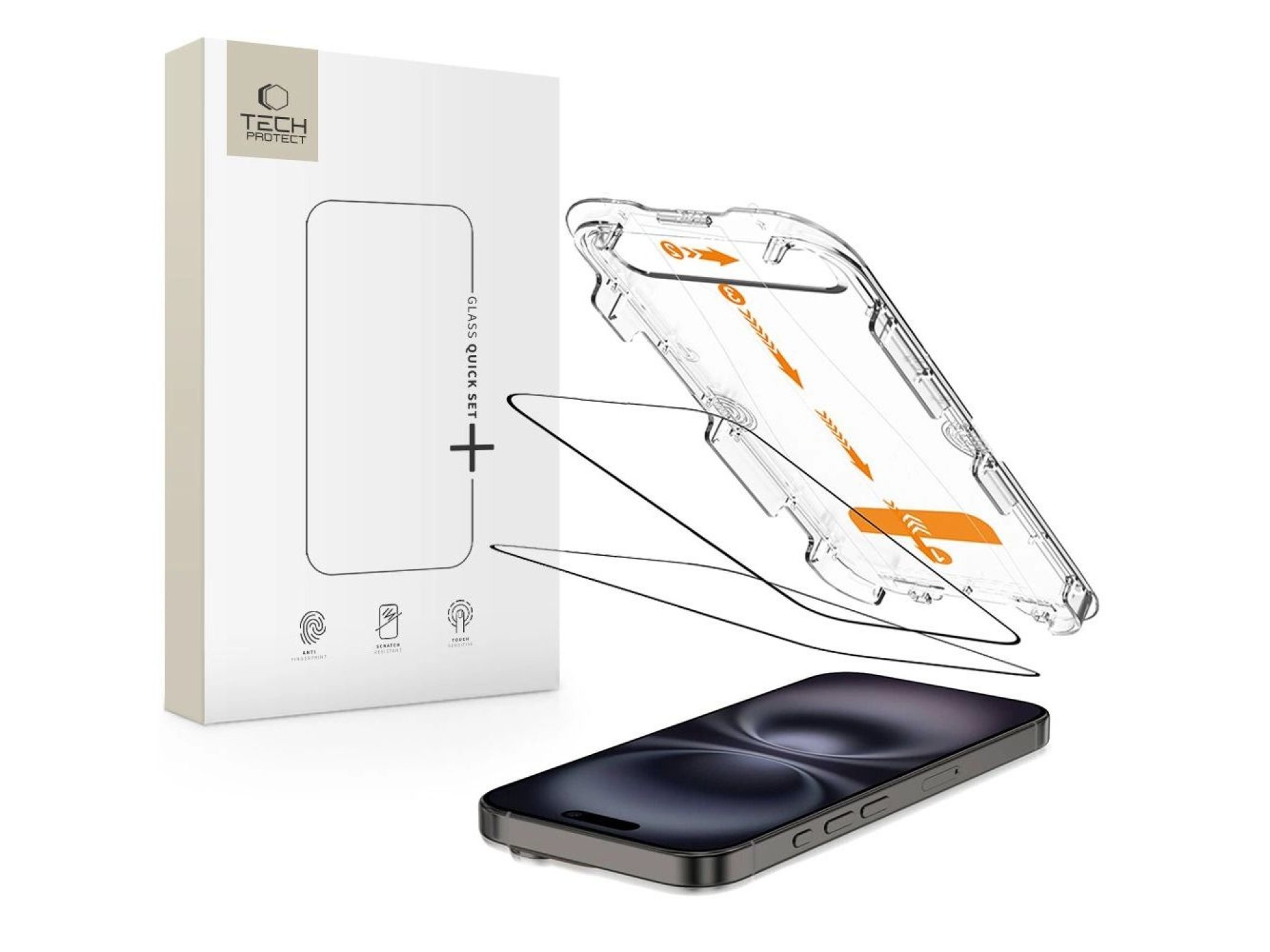 Paquete de 2 protectores de pantalla de vidrio templado Tech-Protect Quick Set+ para iPhone 15/16
