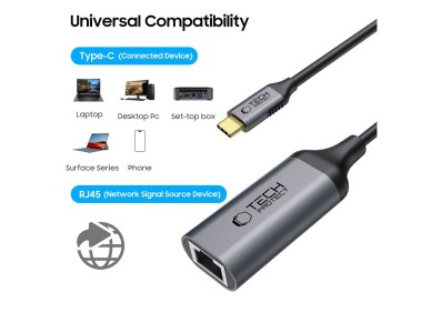 Adaptador Tech-Protect UltraBoost USB-C para Ethernet RJ45 1000Mbps - Preto