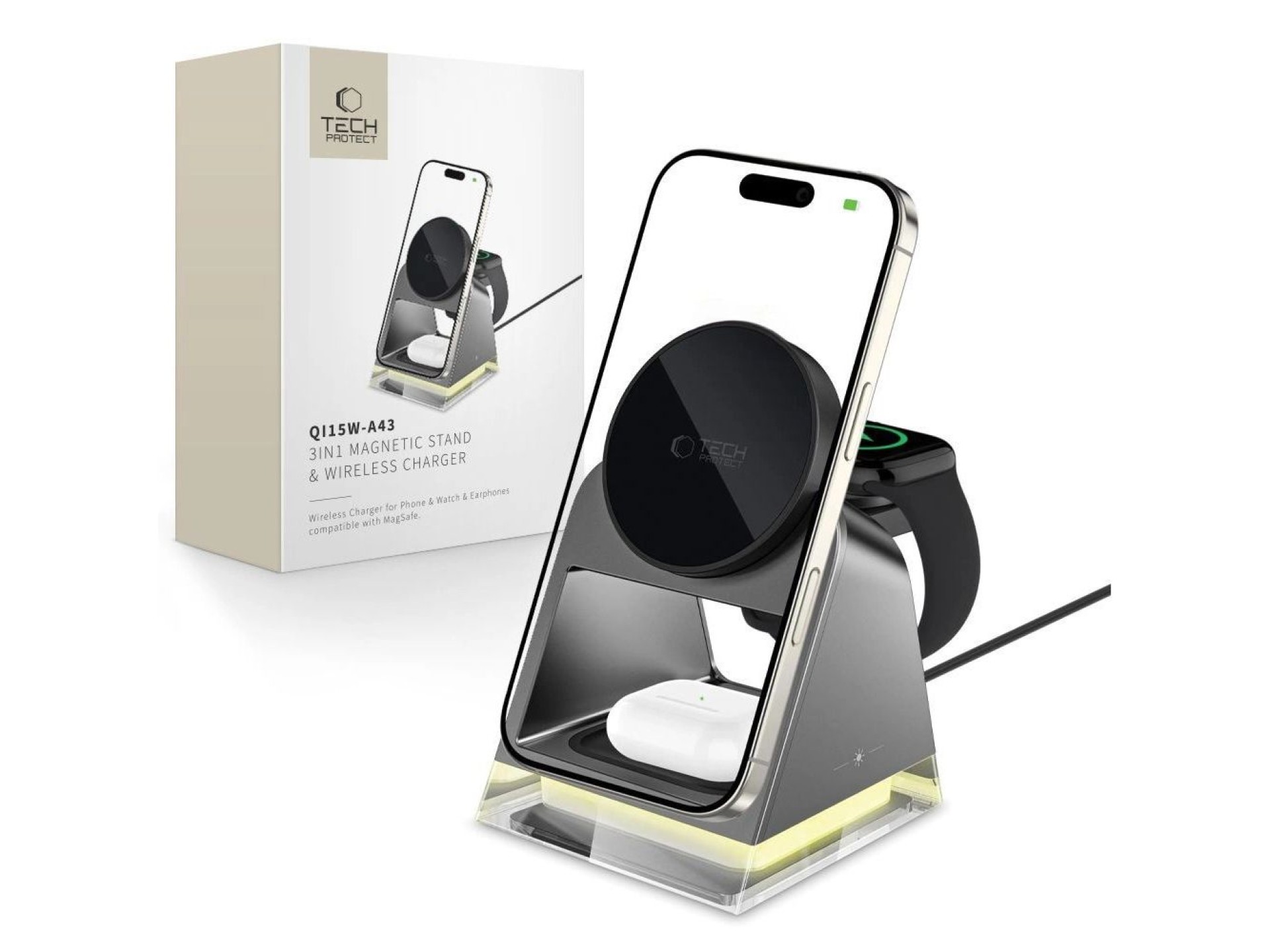 Cargador inalámbrico 3 en 1 Tech-Protect QI15W-A43 con MagSafe para dispositivos Apple - Negro
