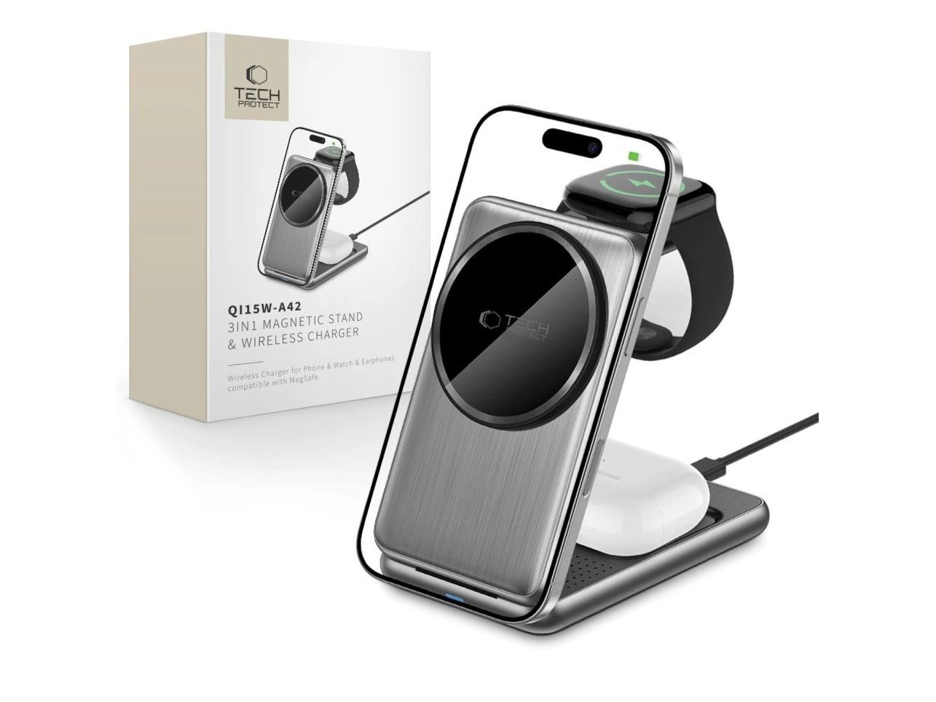 QI15W-A42 3in1 Inductive Charger with MagSafe for Apple Devices - Gray