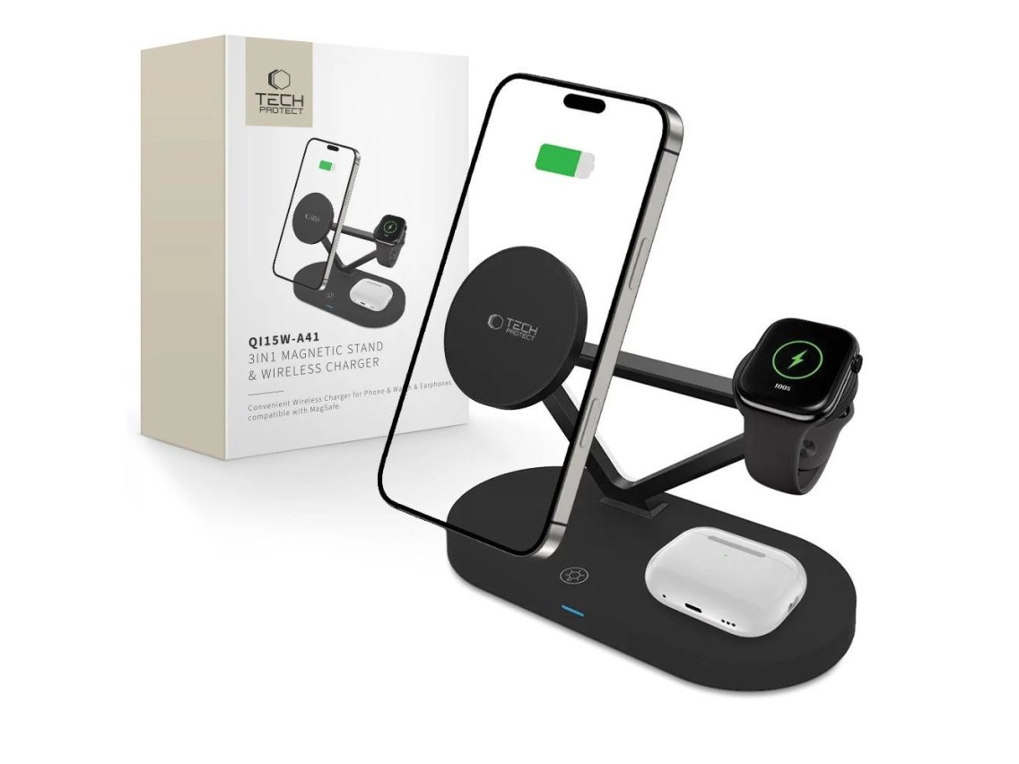Tech-Protect QI15W-A41 3in1 Wireless Charger with MagSafe for Apple Devices - Black