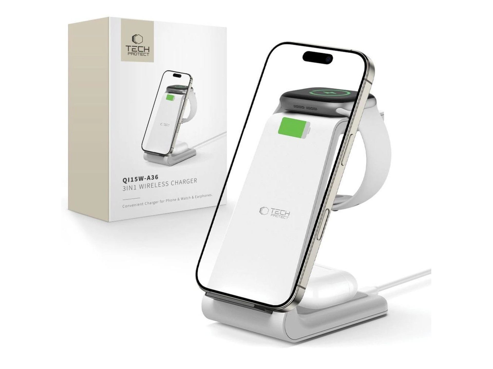 Estación de carga 3 en 1 Tech-Protect QI15W-A36 para Apple - Blanca