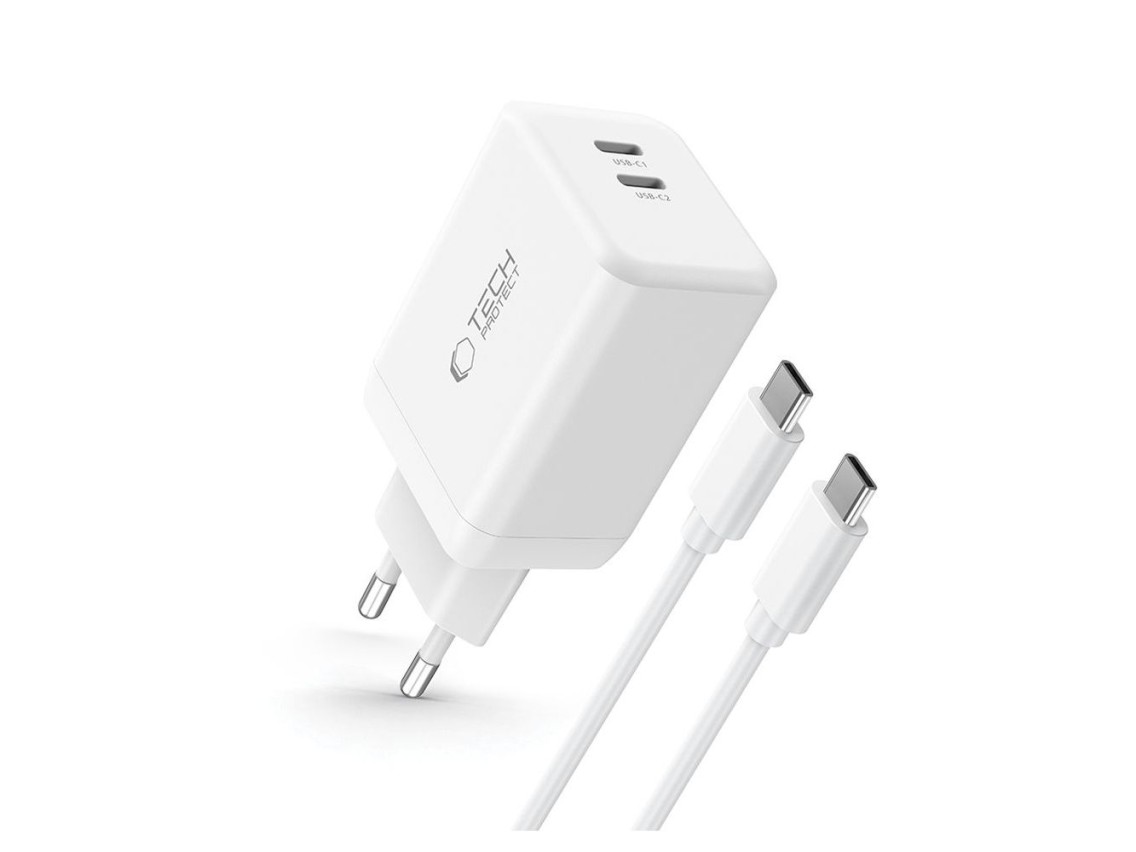 Carregador Tech-Protect NC45W-GAN de 2 portas PD45W + cabo tipo C - branco