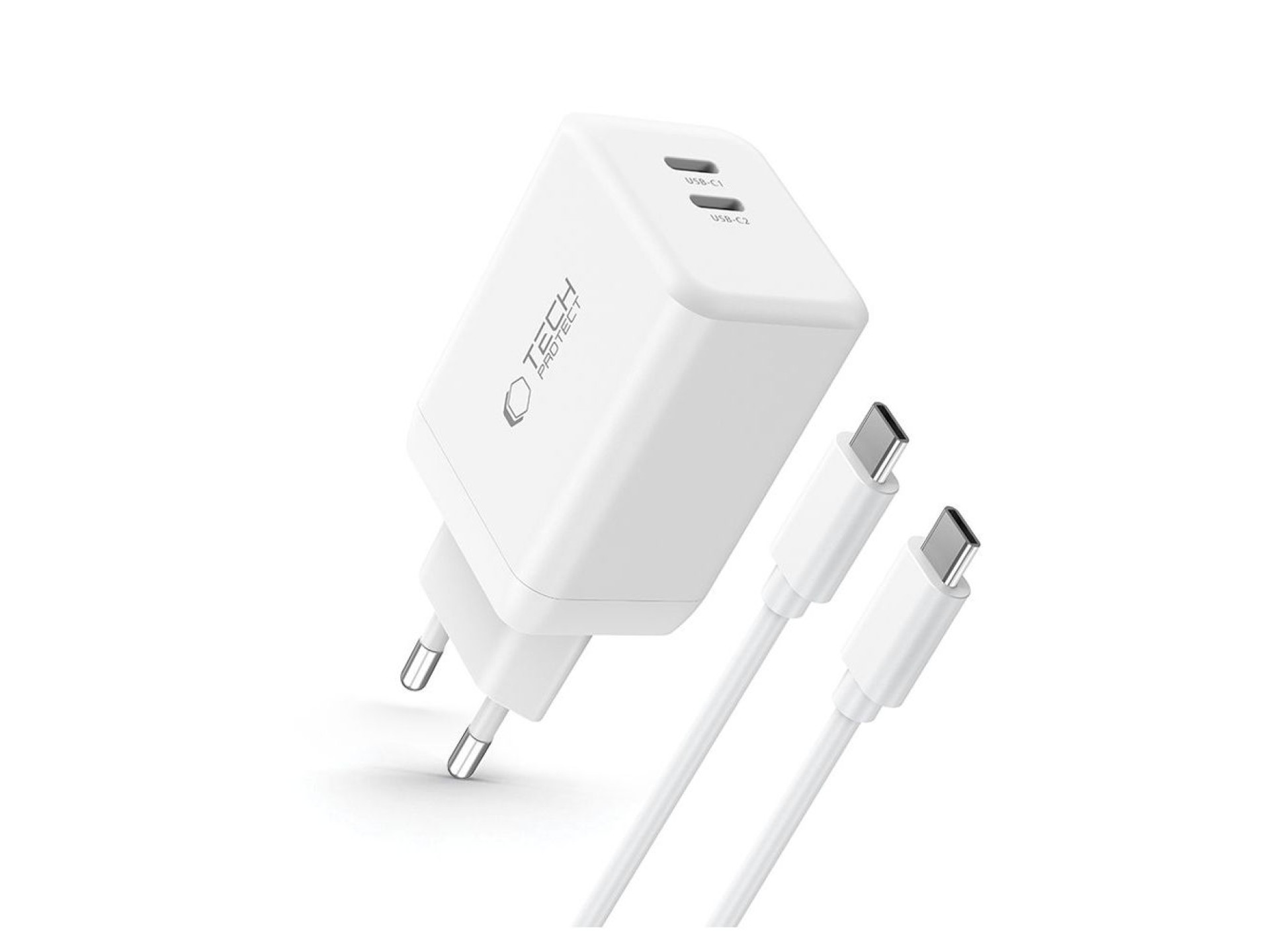 Carregador Tech-Protect NC45W-GAN de 2 portas PD45W + cabo tipo C - branco