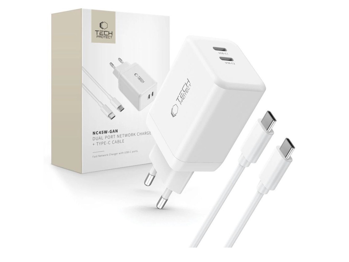 Carregador Tech-Protect NC45W-GAN de 2 portas PD45W + cabo tipo C - branco