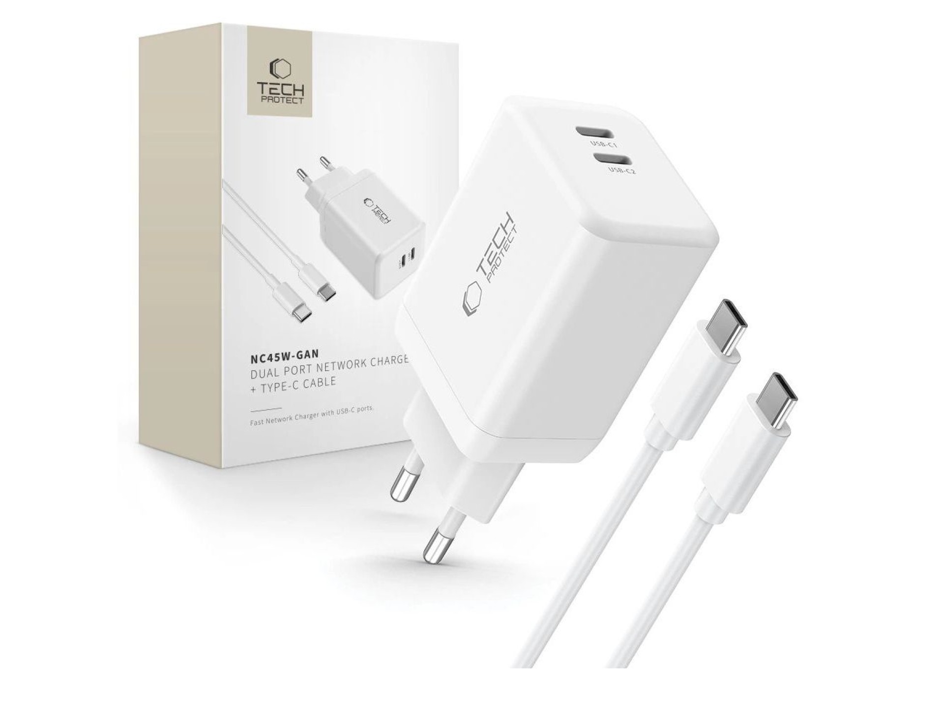 Carregador Tech-Protect NC45W-GAN de 2 portas PD45W + cabo tipo C - branco