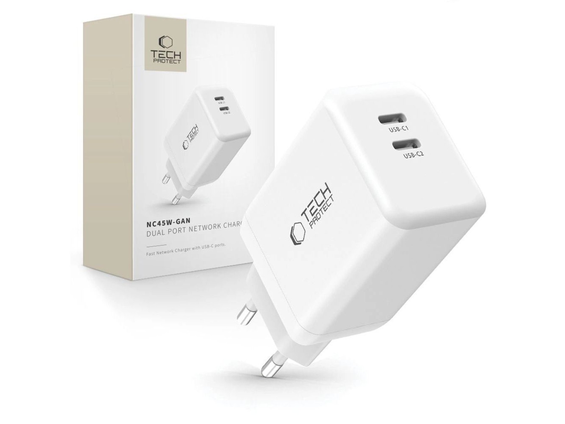 Carregador Tech-Protect NC45W-GAN de 2 portas PD45W - Branco