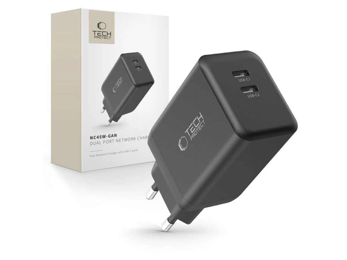 Cargador de pared Tech-Protect NC45W-GAN de 2 puertos PD45W - negro