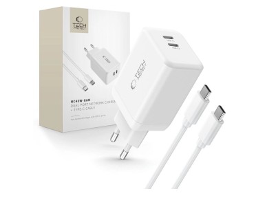 Tech-Protect NC45W-GAN 2-PORT PD45W Charger + TYPE-C CABLE - white Tech-Protect NC45W-GAN 2-PORT PD45W Charger + TYPE-C CABLE - white